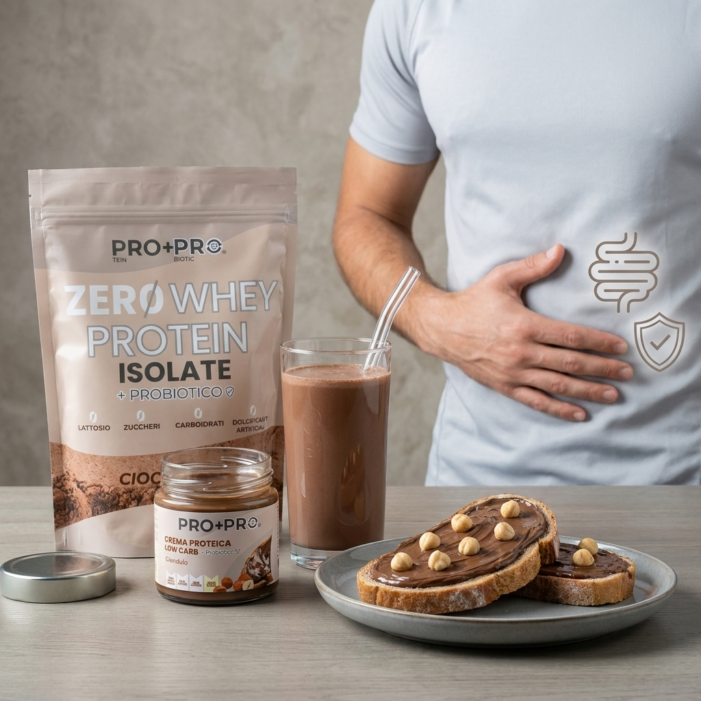 PRO+PRO Zero Whey Protein Isolate, protein cream and a chocolate shake on a breakfast table, with a person holding their stomach and digestive wellbeing icons