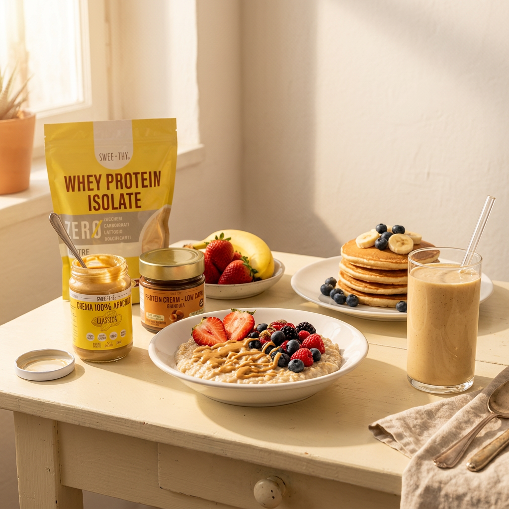 SWEE-THY breakfast scene with whey protein isolate, peanut cream, protein cream, porridge, pancakes and a shake