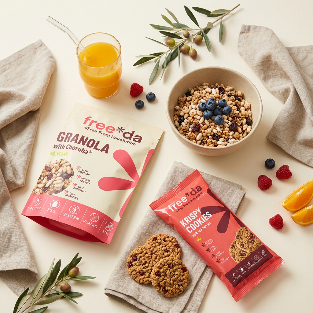 FREEDA granola and krispy cookies with berries, orange juice and olive branches on a warm cream surface