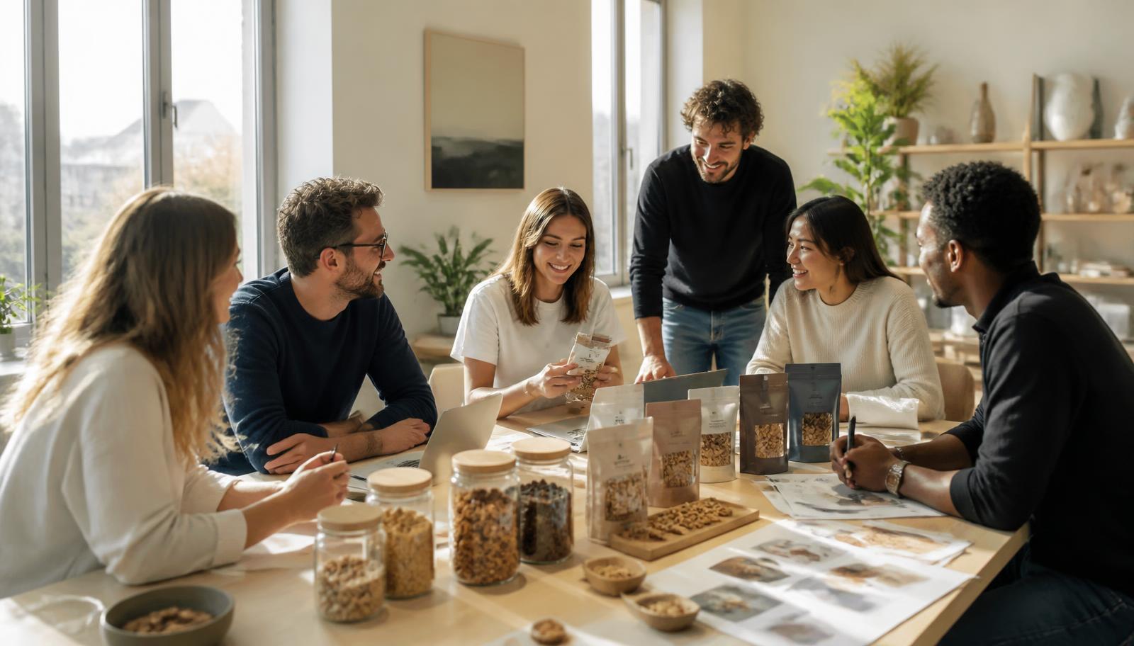 Team reviewing food packaging, product samples and ingredient jars around a bright table in a modern European workspace