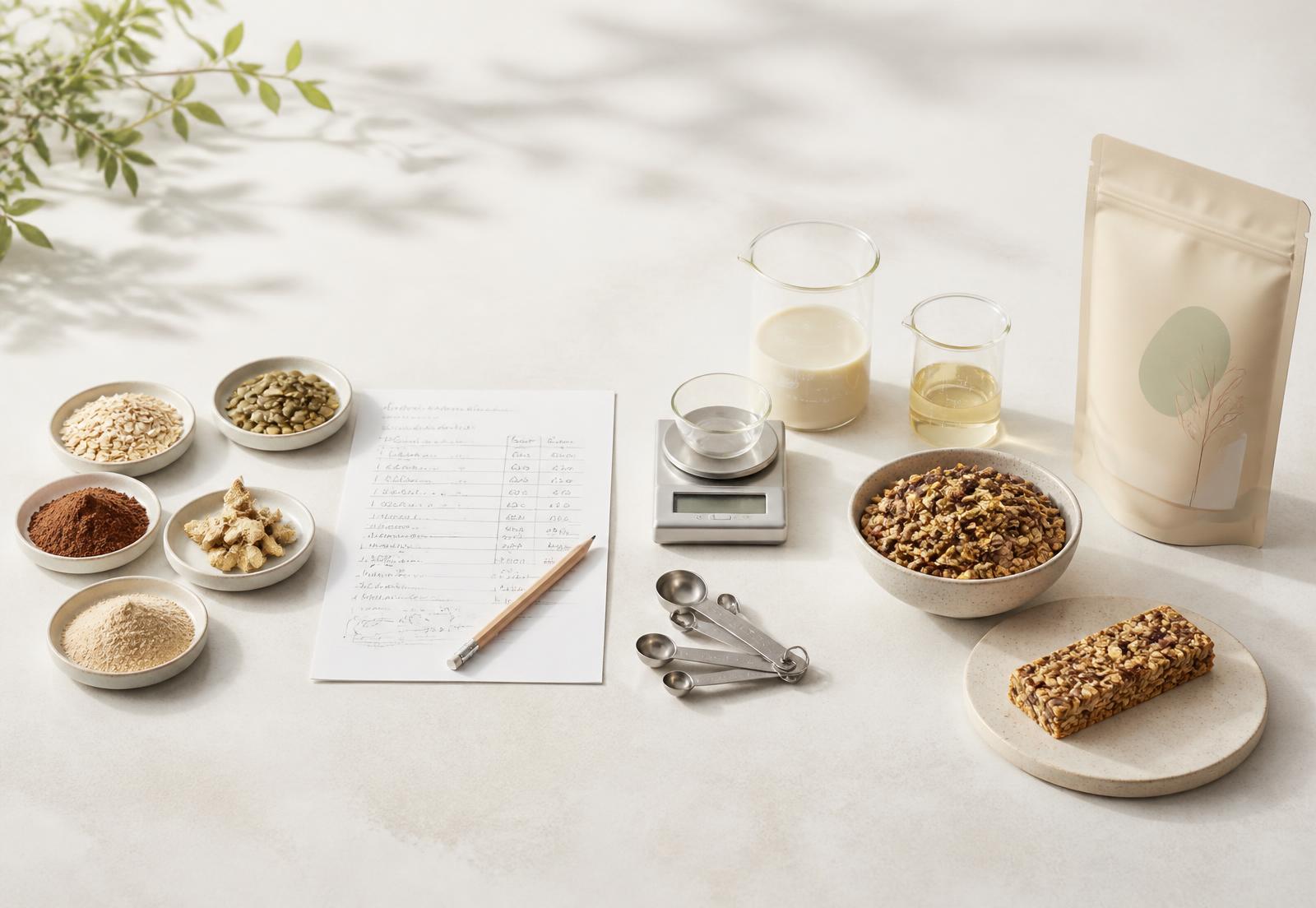 Raw ingredients, a formulation sheet, measuring tools, laboratory beakers, granola and a finished package arranged on a bright neutral surface