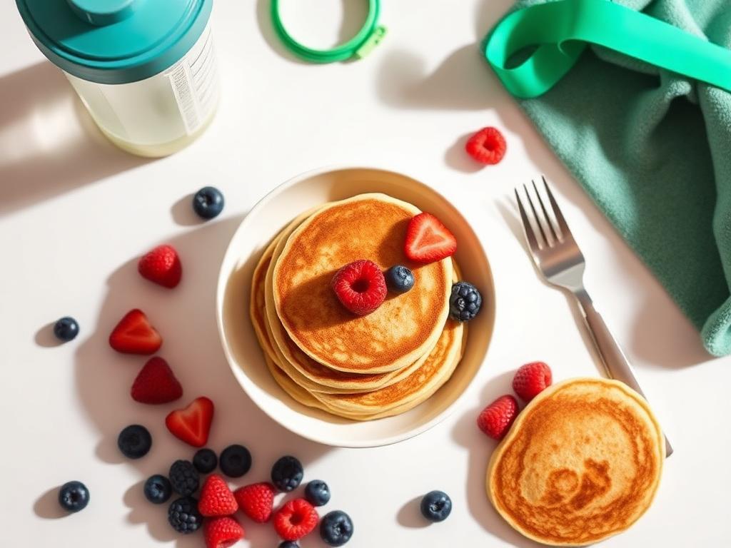 Functional protein breakfast with berries, a shaker and light training accessories