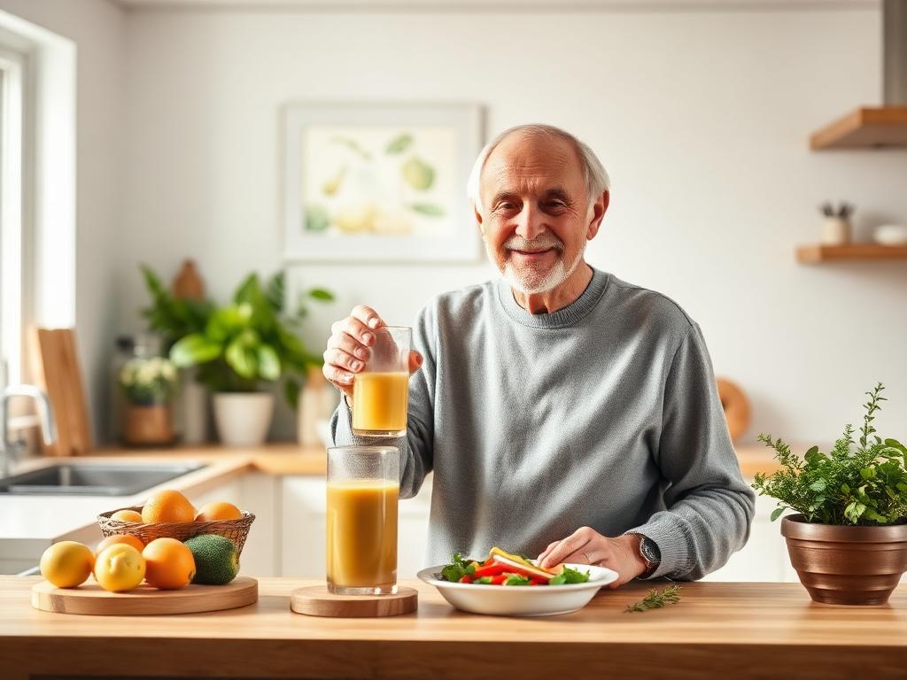 Active older adult preparing a nutritious shake and fresh meal in a bright home kitchen