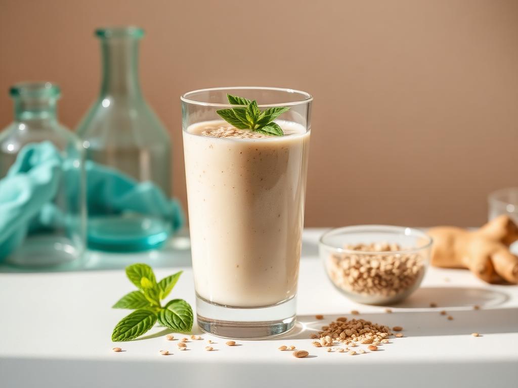 Protein shake with oats, fibre-rich ingredients and light scientific glassware