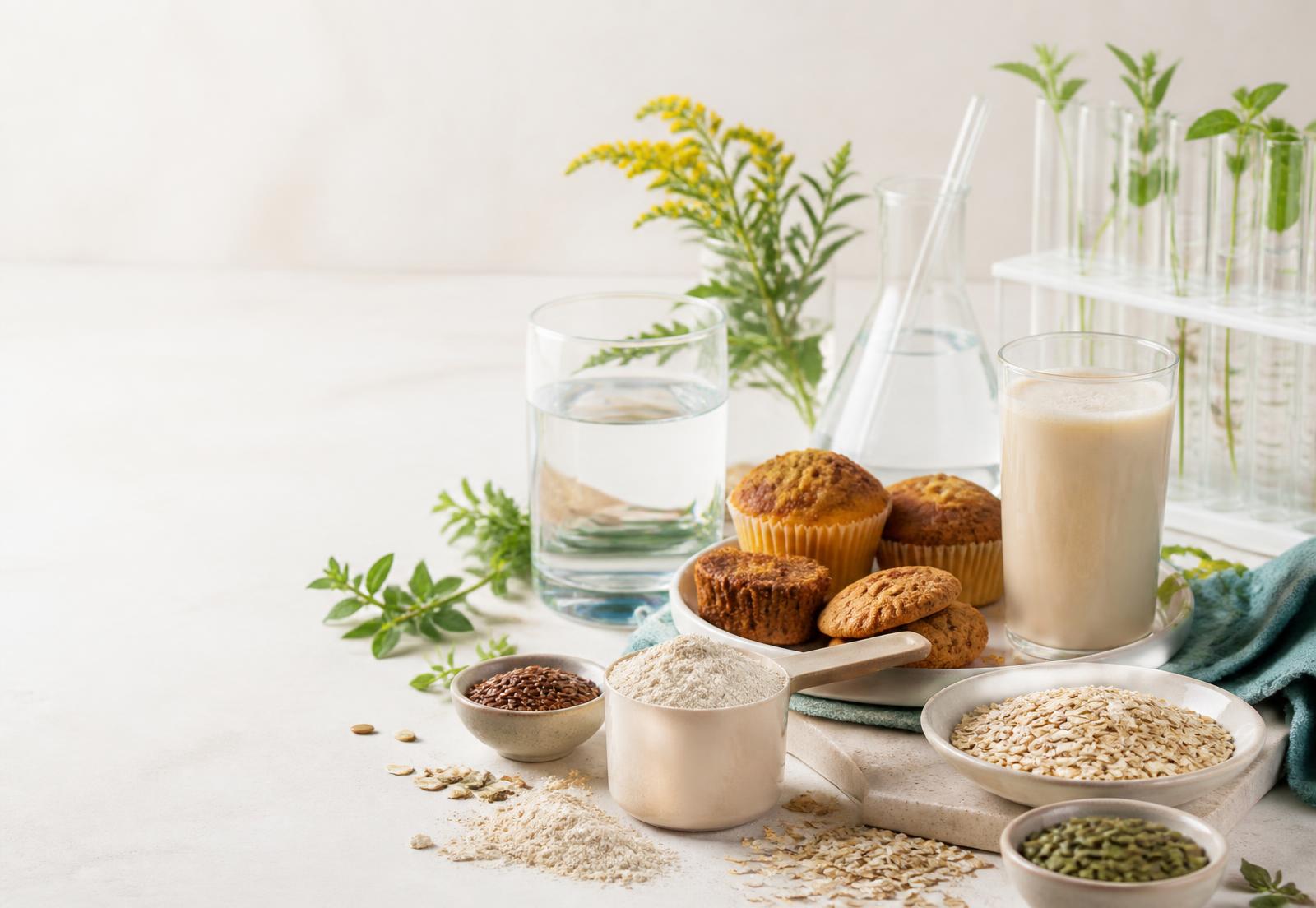 Editorial composition with protein powder, oats, free-from baked goods, a shake, a glass of water and subtle laboratory glassware