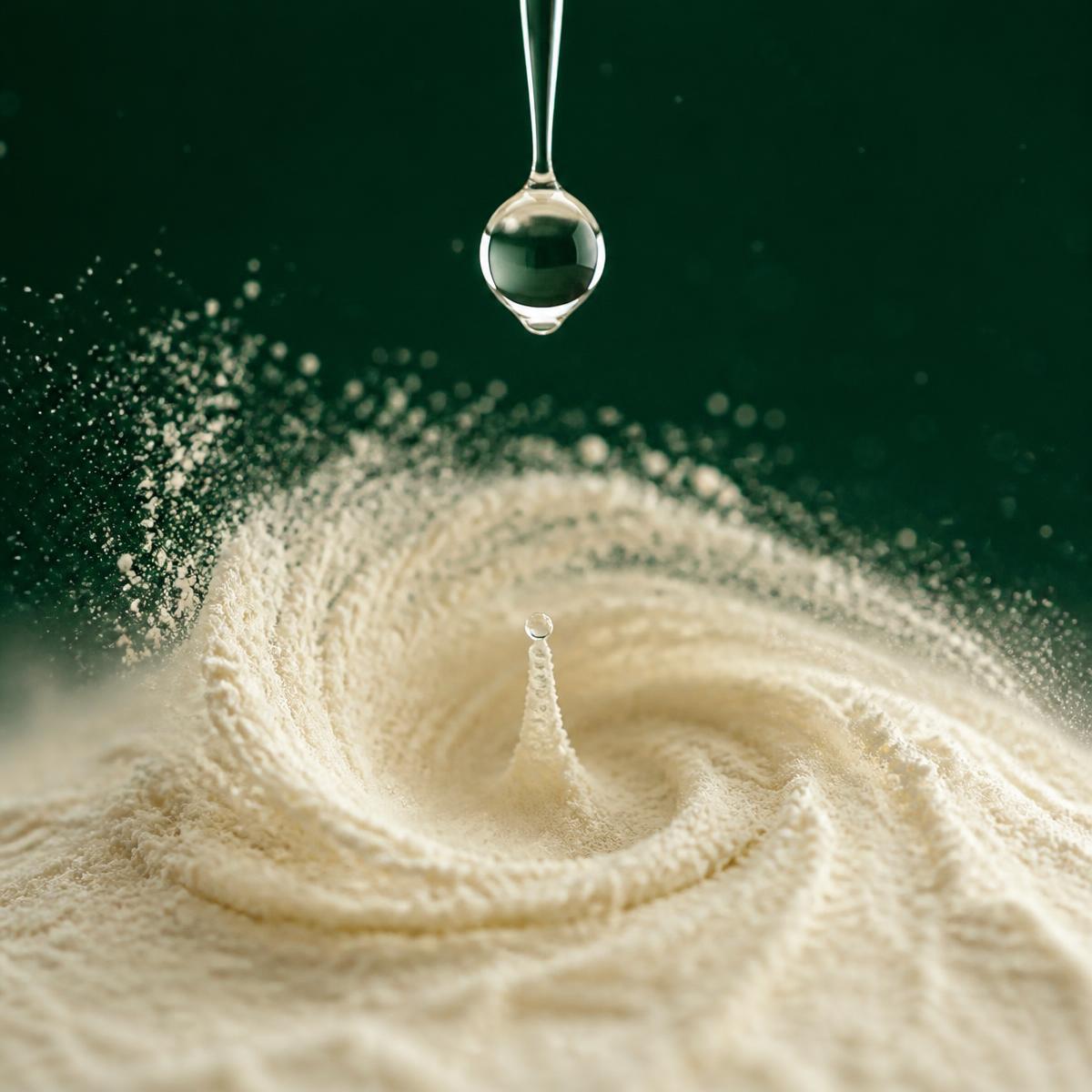 Macro view of a clean-label functional powder meeting a droplet of liquid