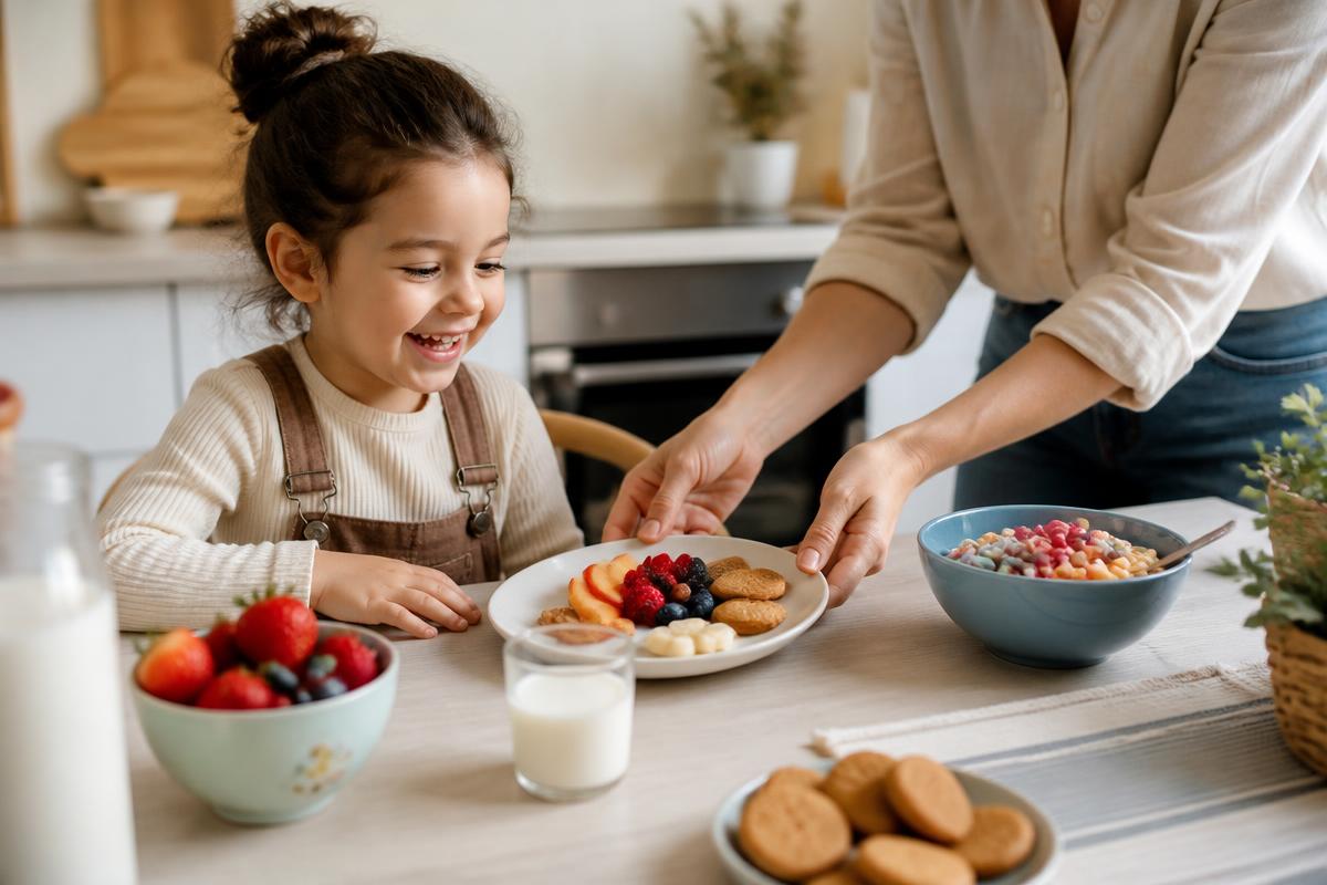 Parent placing a healthy breakfast plate with fruit and biscuits in front of a smiling child
