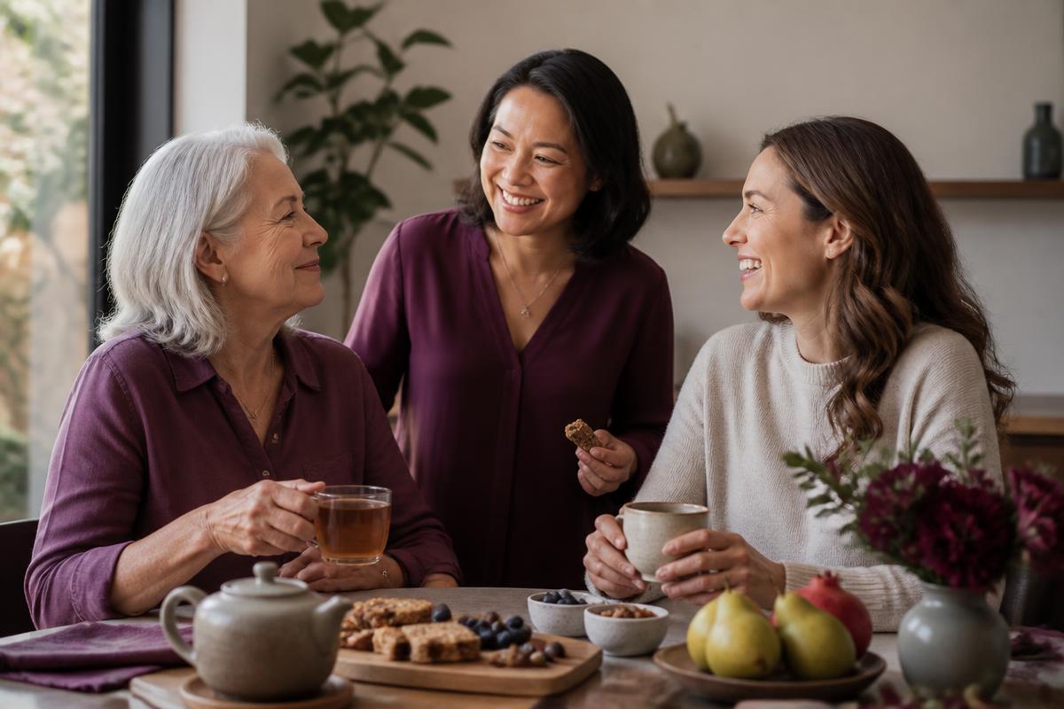 Three women of different adult ages sharing tea, snack bars and fruit at a bright table